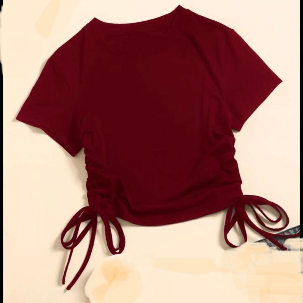 Shein Curve Red Cotton Blnd Drawstring Side short sleeve Tee & Skirt set Sz 4XL - Picture 7 of 11